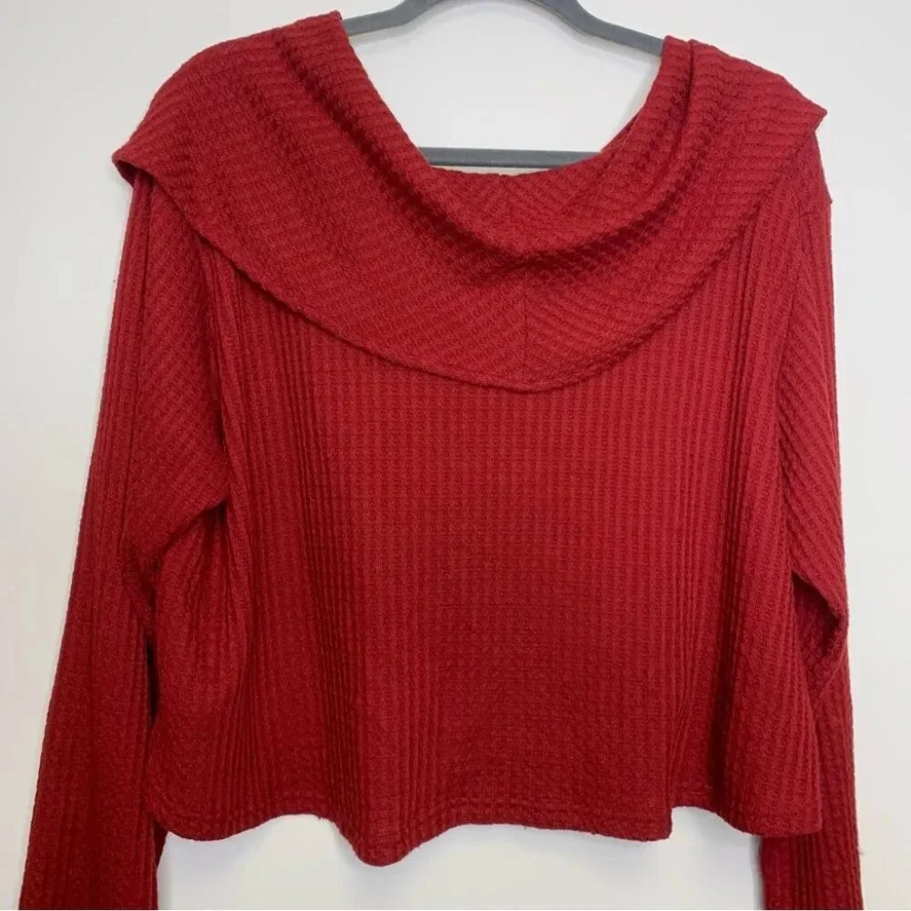Sympli Burnt Red Off Shoulder Waffle Knit Semi Cropped Sweater Top Size 16